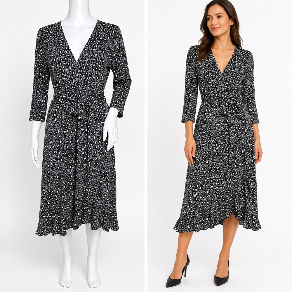 Leota Leopard Wrap Dress Womens M Black Gray 3/4 Sleeve Tie Waist Ruffle Hem